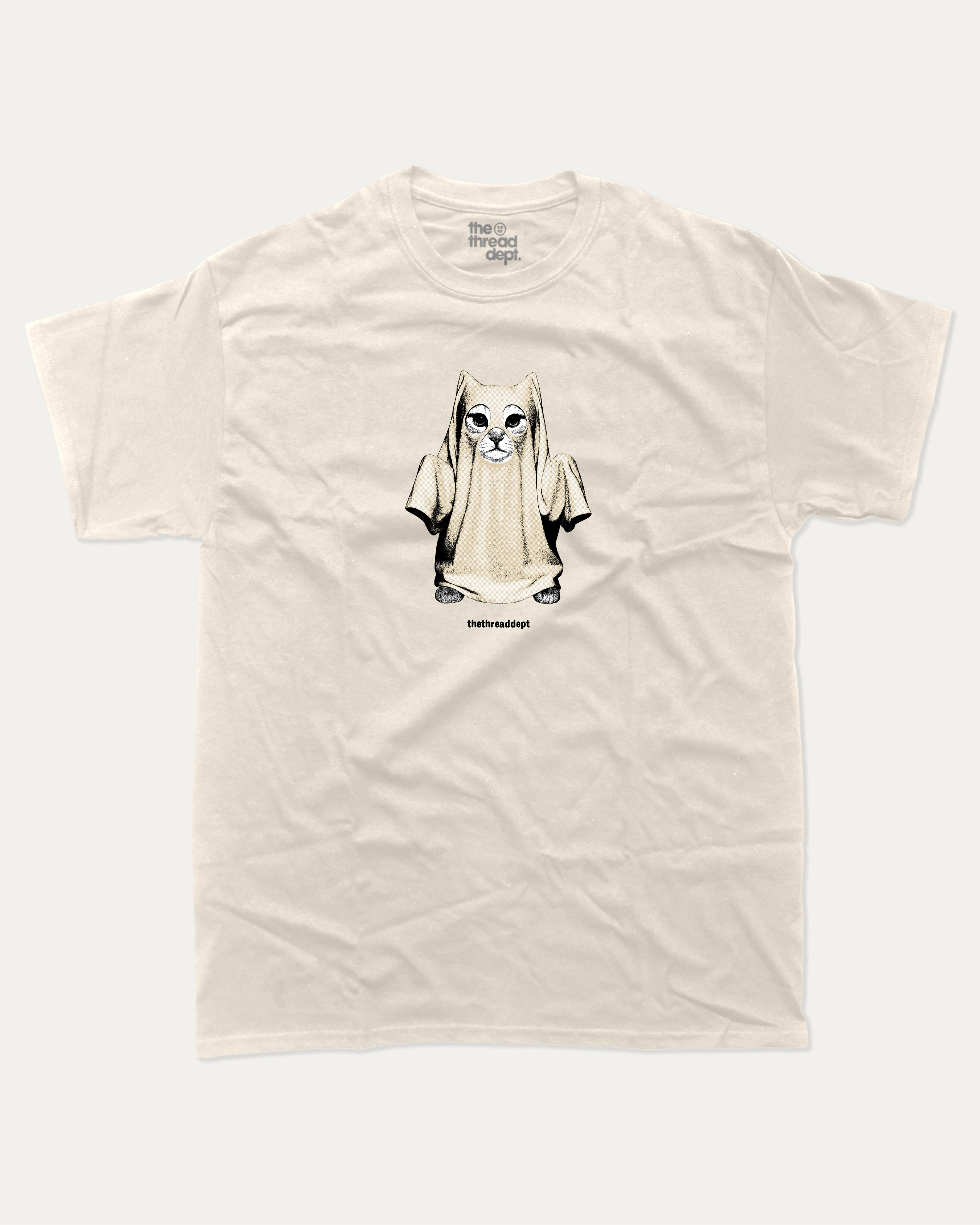 Vintage Spooky Cat graphic t-shirt with vintage cat ghost print, funny and trendy graphic. Perfect funny Halloween gifts for friends and family. Cream shirt.
