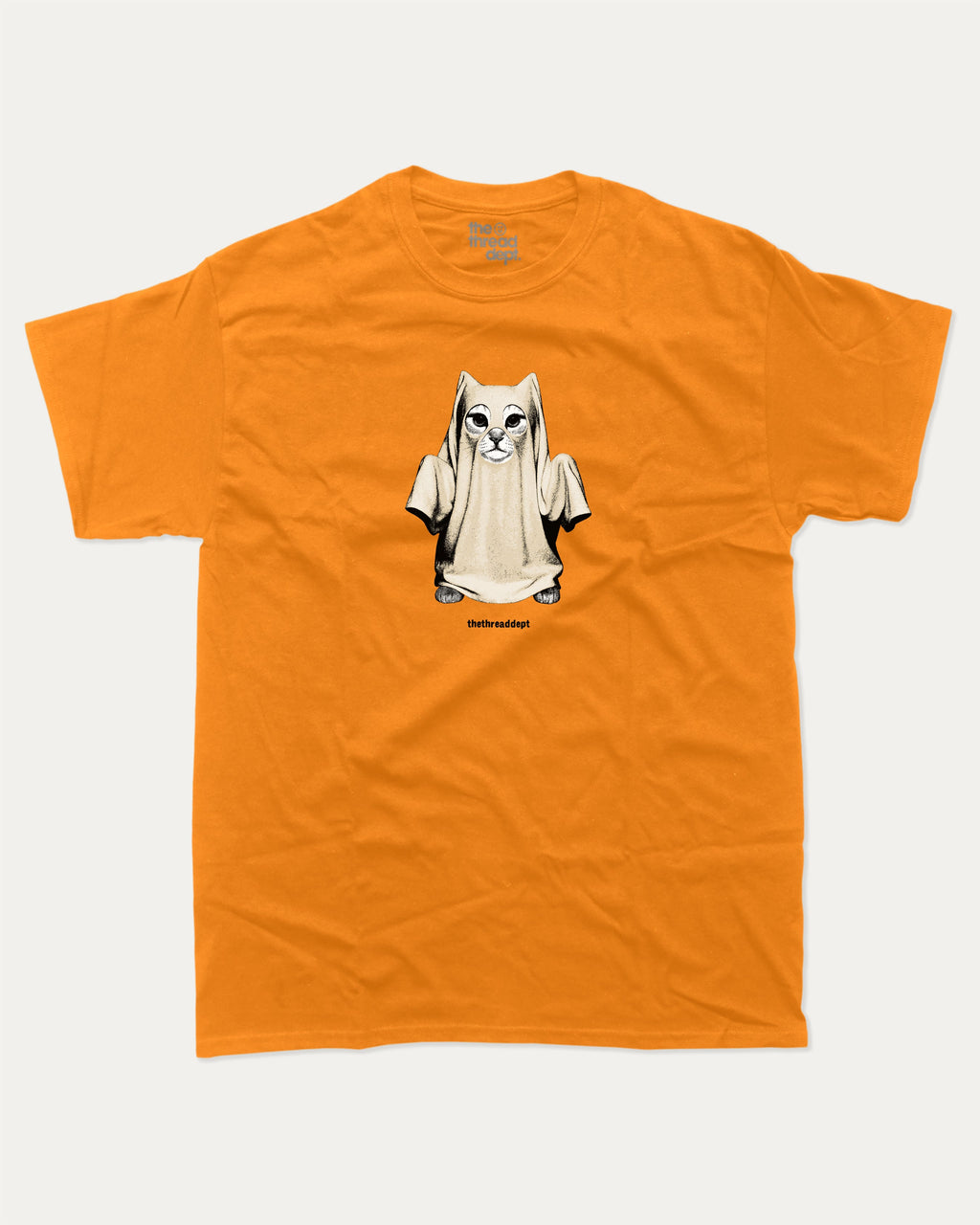 Vintage Spooky Cat graphic t-shirt with vintage cat ghost print, funny and trendy graphic. Perfect funny Halloween gifts for friends and family. Orange shirt.