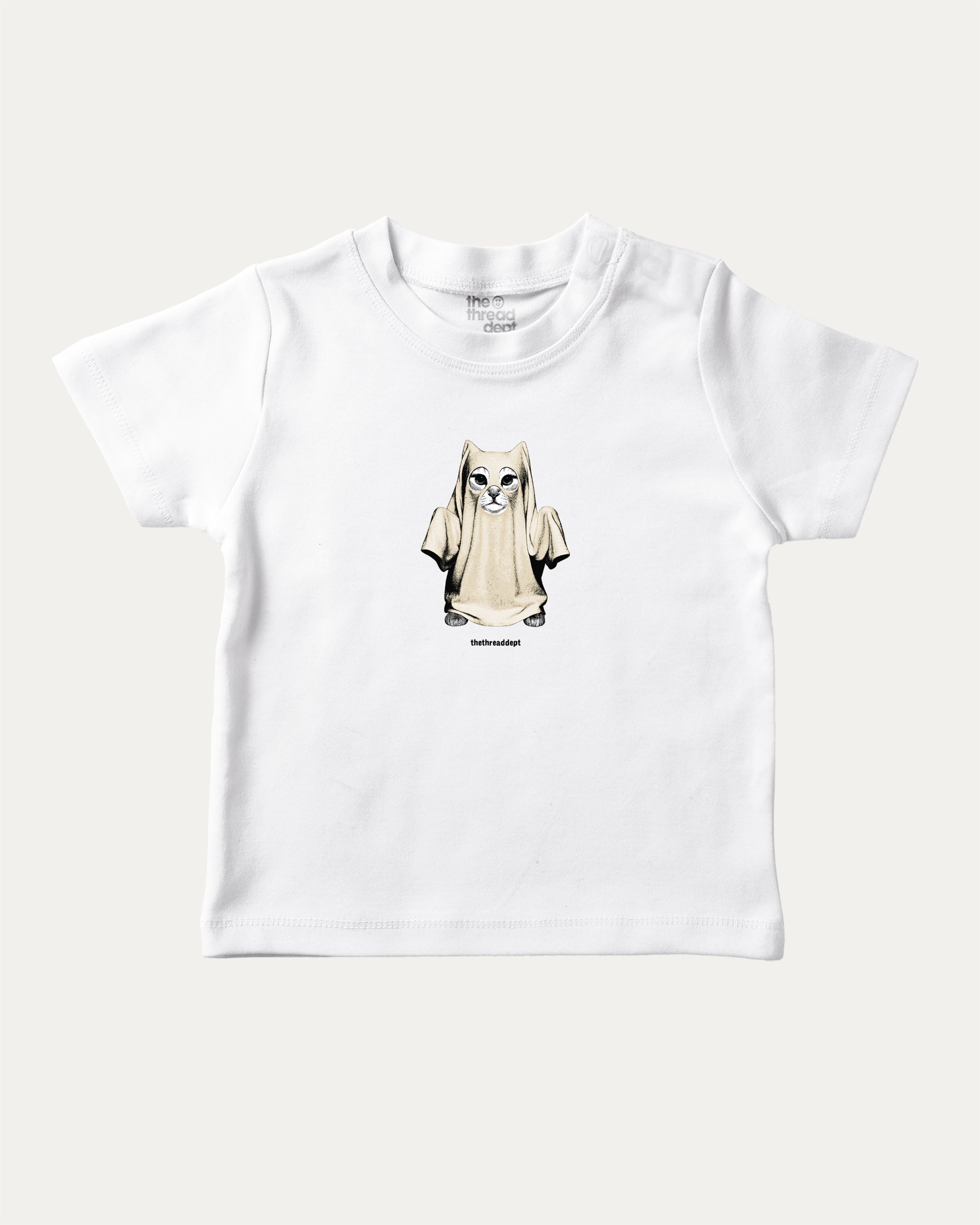 Vintage Spooky Cat graphic t-shirt with bold and humorous print, funny and trendy graphic. Perfect funny Halloween gifts for friends and family. White shirt.