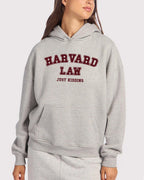 Gray hoodie with 'Harvard Law Just Kidding' text on a white background