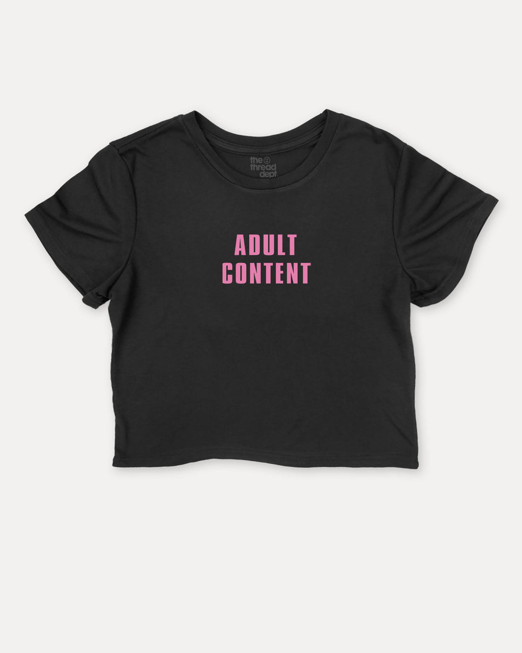 Adult Content graphic crop tee with funny and trendy slogan print, perfect for women’s casual looks or layering. Black crop t-shirt.