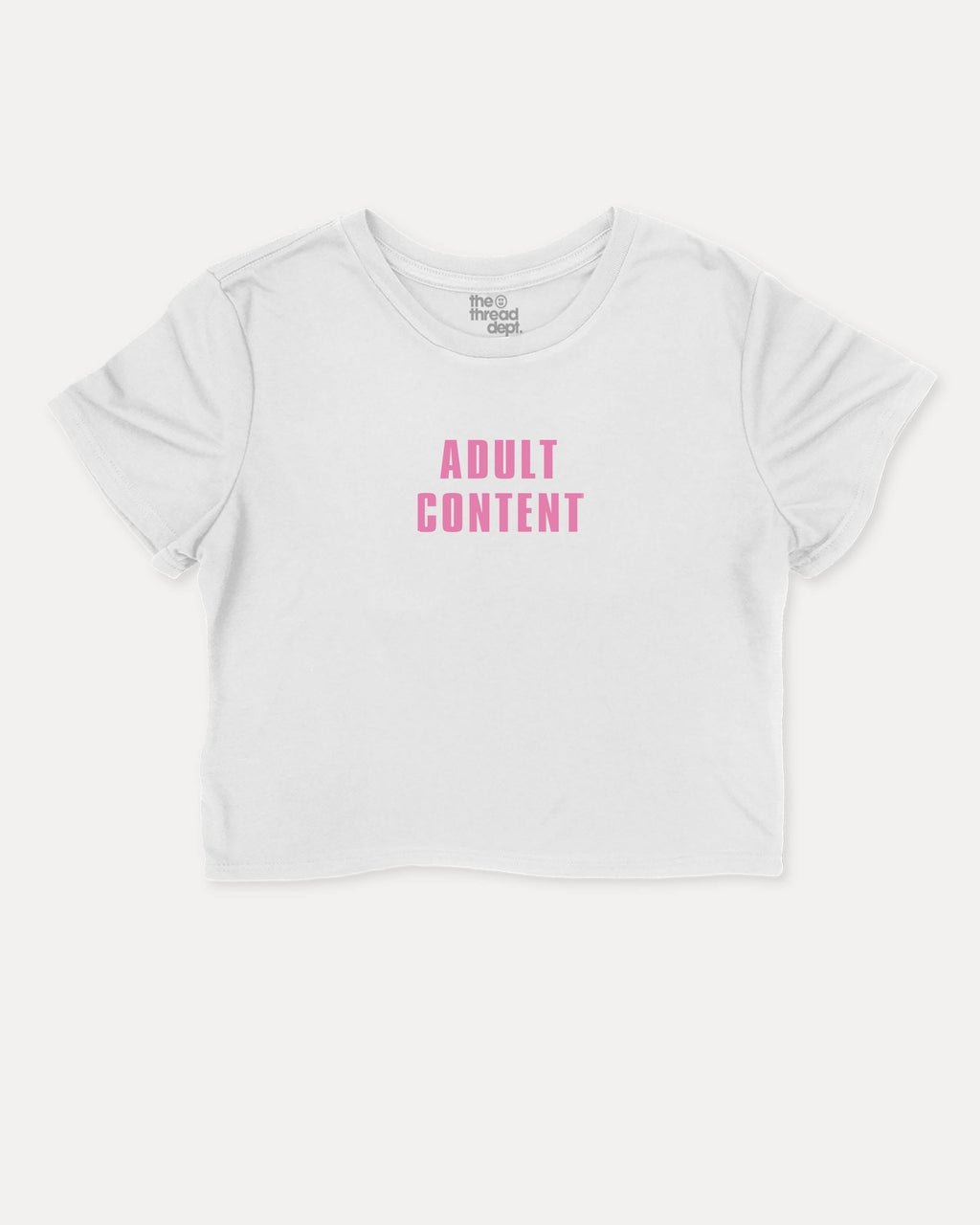 Adult Content graphic crop tee with funny and trendy slogan print, perfect for women’s casual looks or layering. White crop t-shirt.