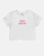 Adult Content graphic crop tee with funny and trendy slogan print, perfect for women’s casual looks or layering. White crop t-shirt.