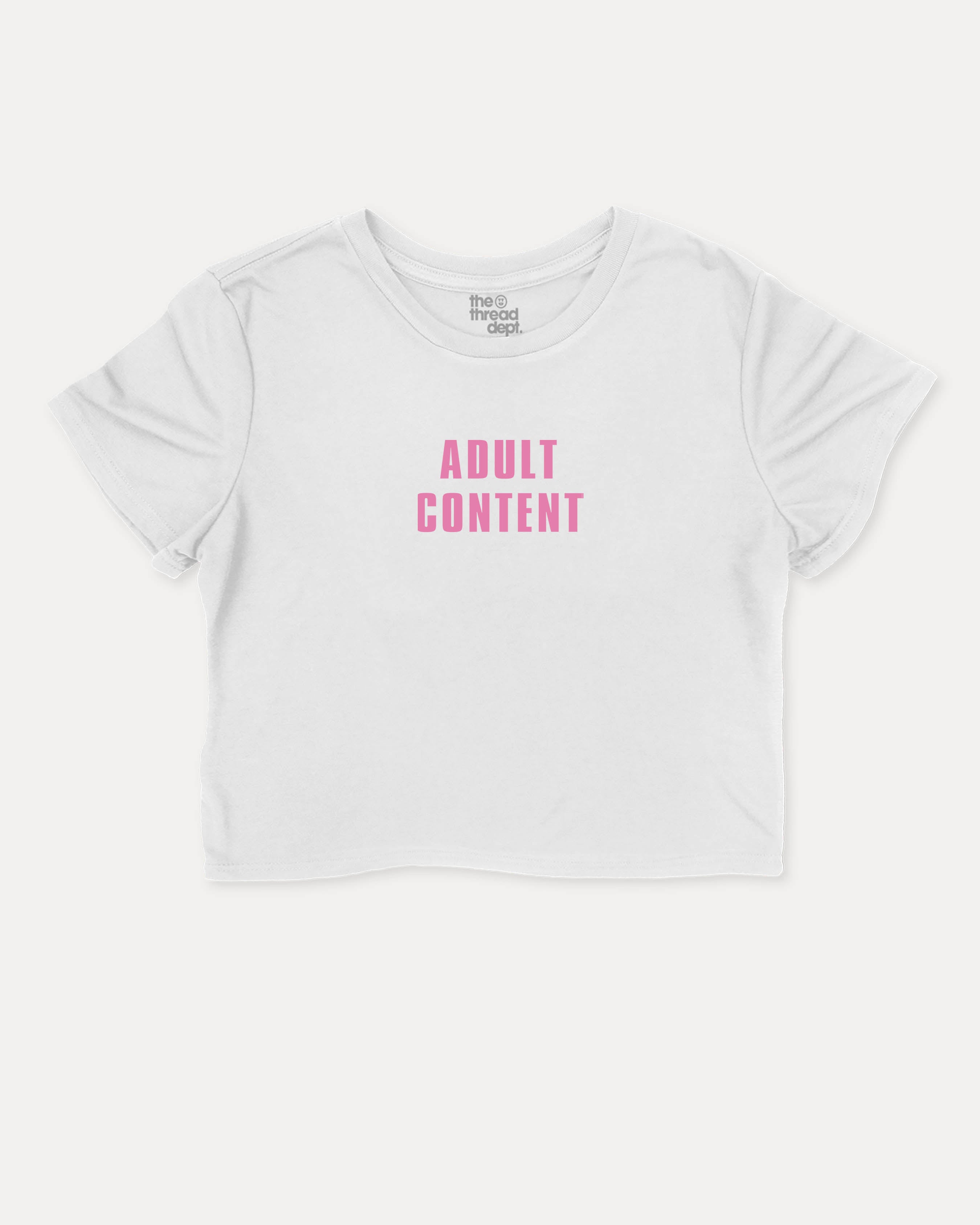 Adult Content graphic crop tee with funny and trendy slogan print, perfect for women’s casual looks or layering. White crop t-shirt.