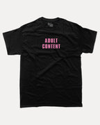 Adult Content graphic tee with bold and humorous print, funny and trendy graphic. Perfect for adults and gift-giving. Black shirt.