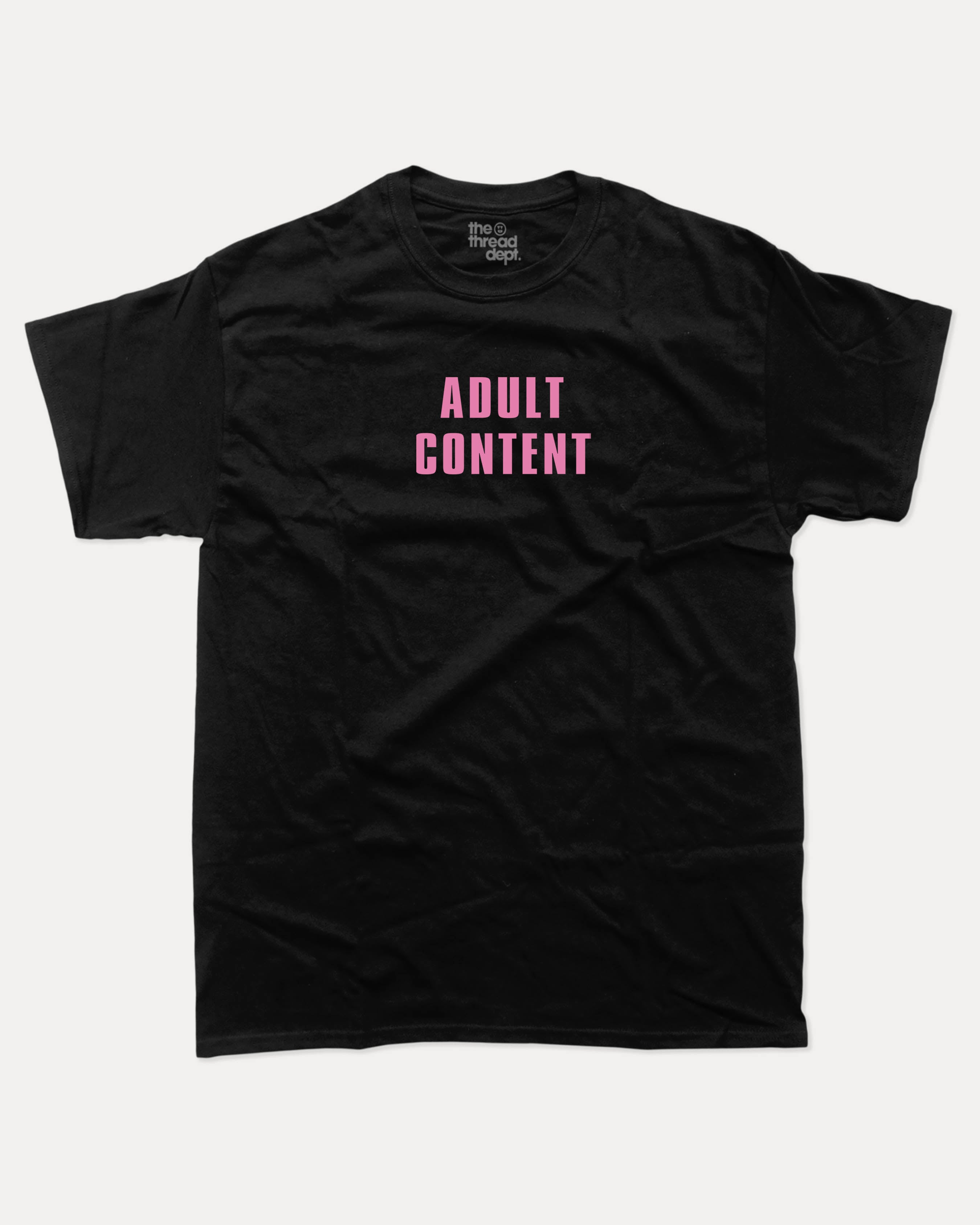 Adult Content graphic tee with bold and humorous print, funny and trendy graphic. Perfect for adults and gift-giving. Black shirt.