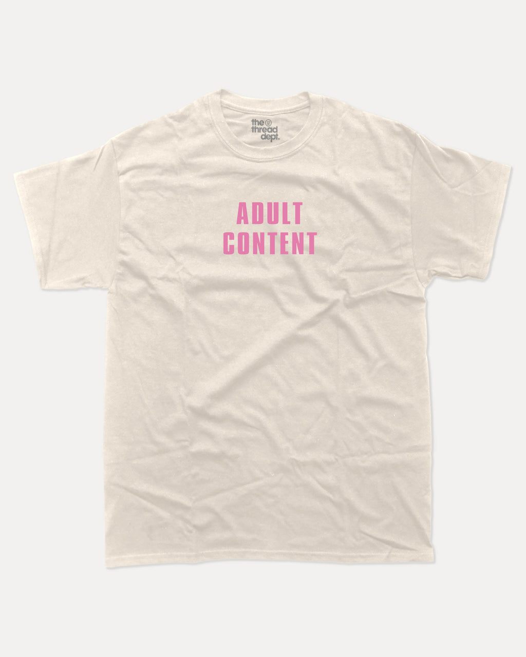 Adult Content graphic tee with bold and humorous print, funny and trendy graphic. Perfect for adults and gift-giving. Cream shirt.