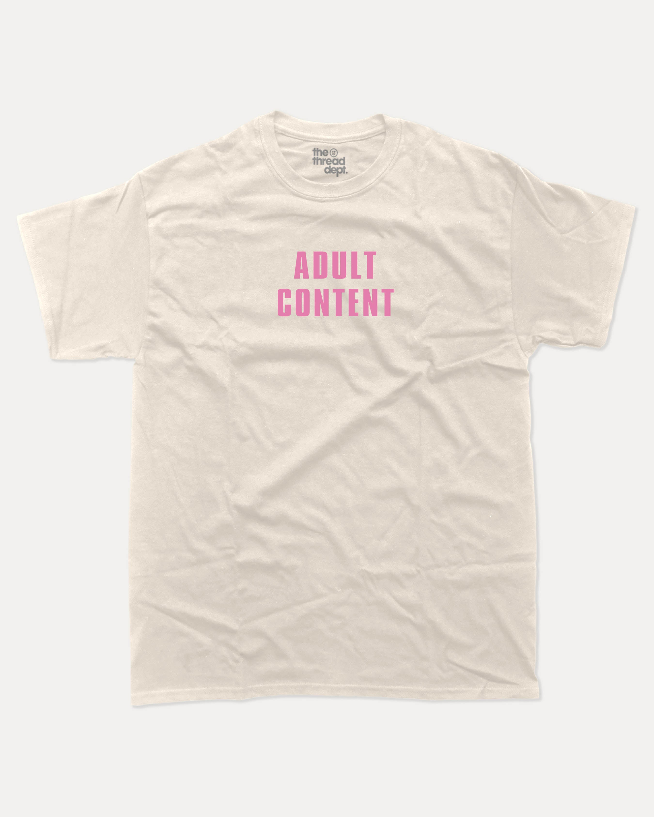 Adult Content graphic tee with bold and humorous print, funny and trendy graphic. Perfect for adults and gift-giving. Cream shirt.
