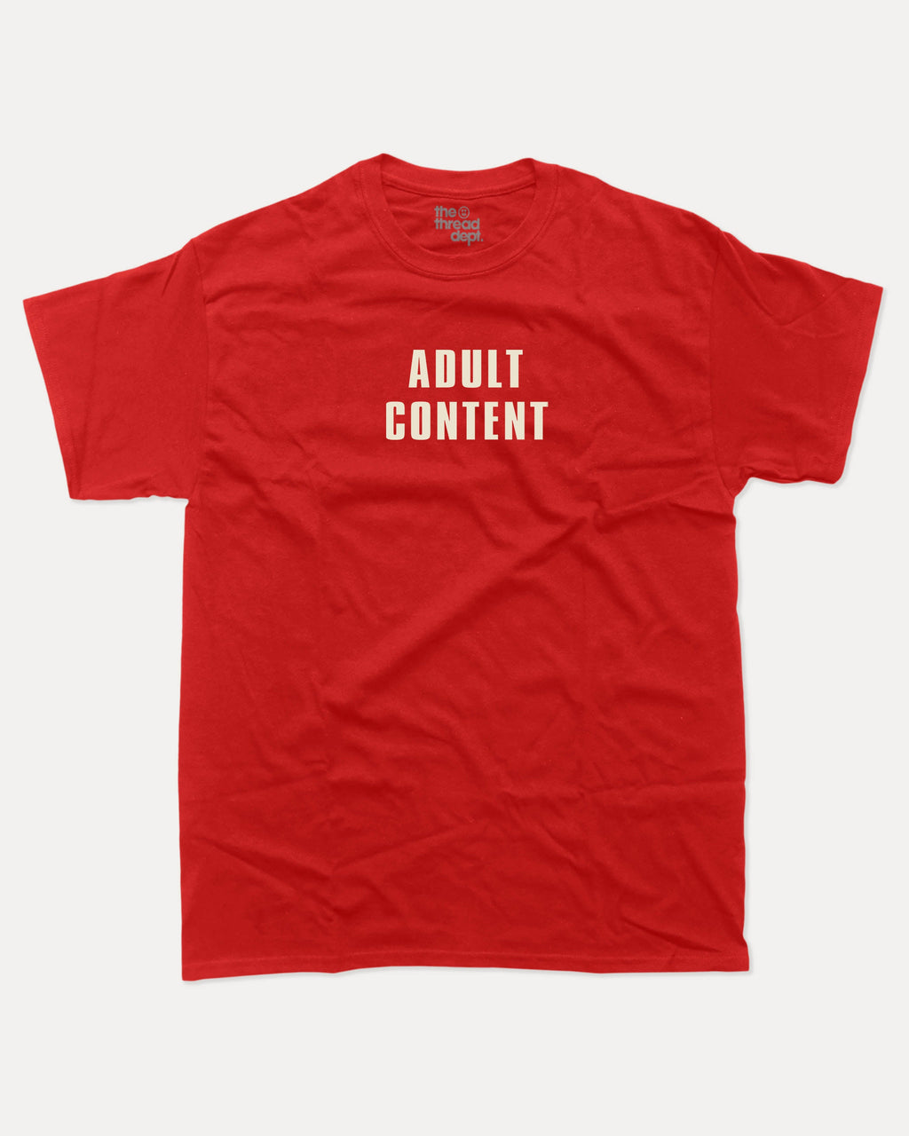 Adult Content graphic tee with bold and humorous print, funny and trendy graphic. Perfect for adults and gift-giving. Red shirt.