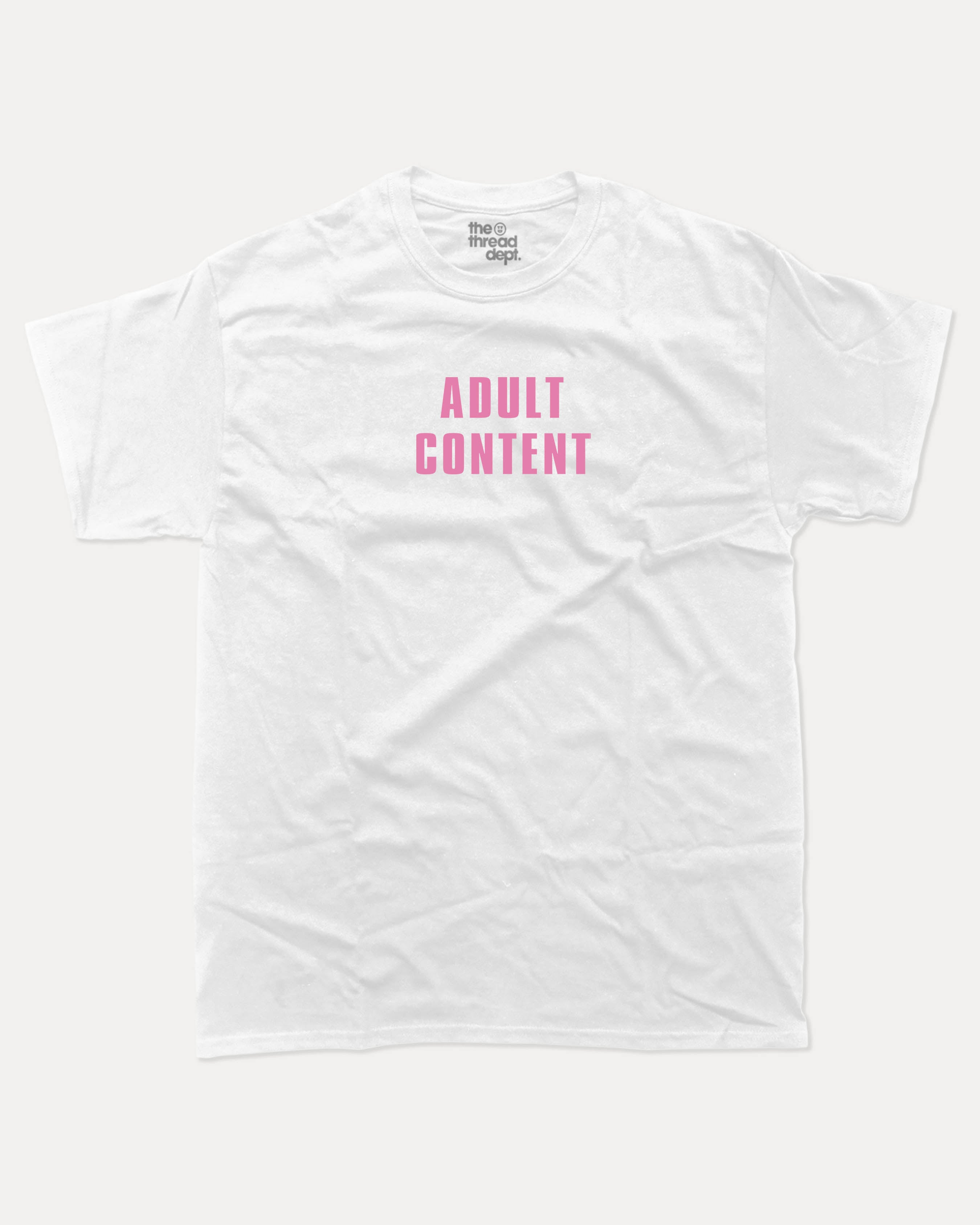 Adult Content graphic tee with bold and humorous print, funny and trendy graphic. Perfect for adults and gift-giving. White shirt.