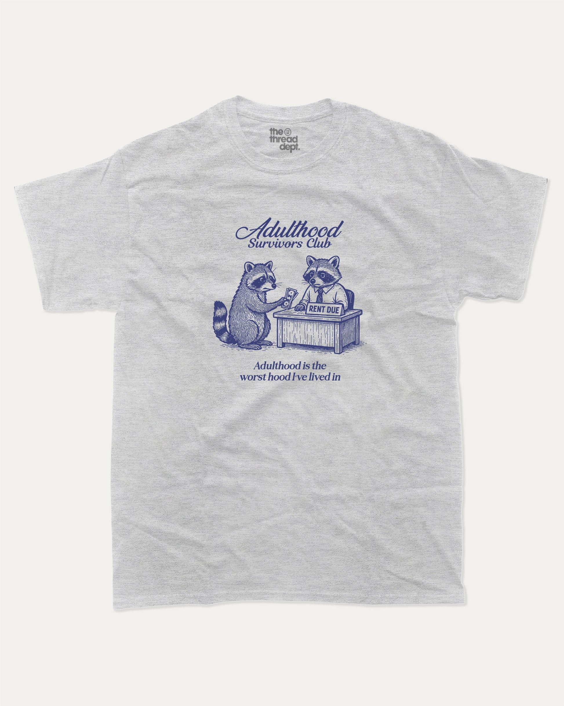 Adulthood Survivors Club graphic t-shirt, perfect for adults. Vintage Retro T shirt, Funny Racoon T shirt, Cute Racoon T shirt, Vintage Graphic Tee, unique gift idea. Ash Grey .