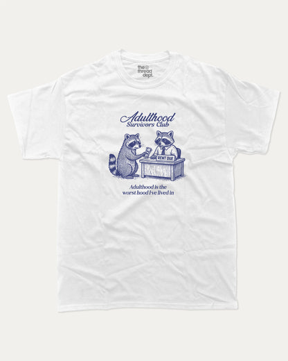Adulthood Survivors Club graphic t-shirt, perfect for adults. Vintage Retro T shirt, Funny Racoon T shirt, Cute Racoon T shirt, Vintage Graphic Tee, unique gift idea. White.