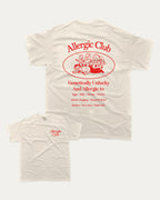 Beige t-shirt with red 'Allergic Club' text and logo on a white background