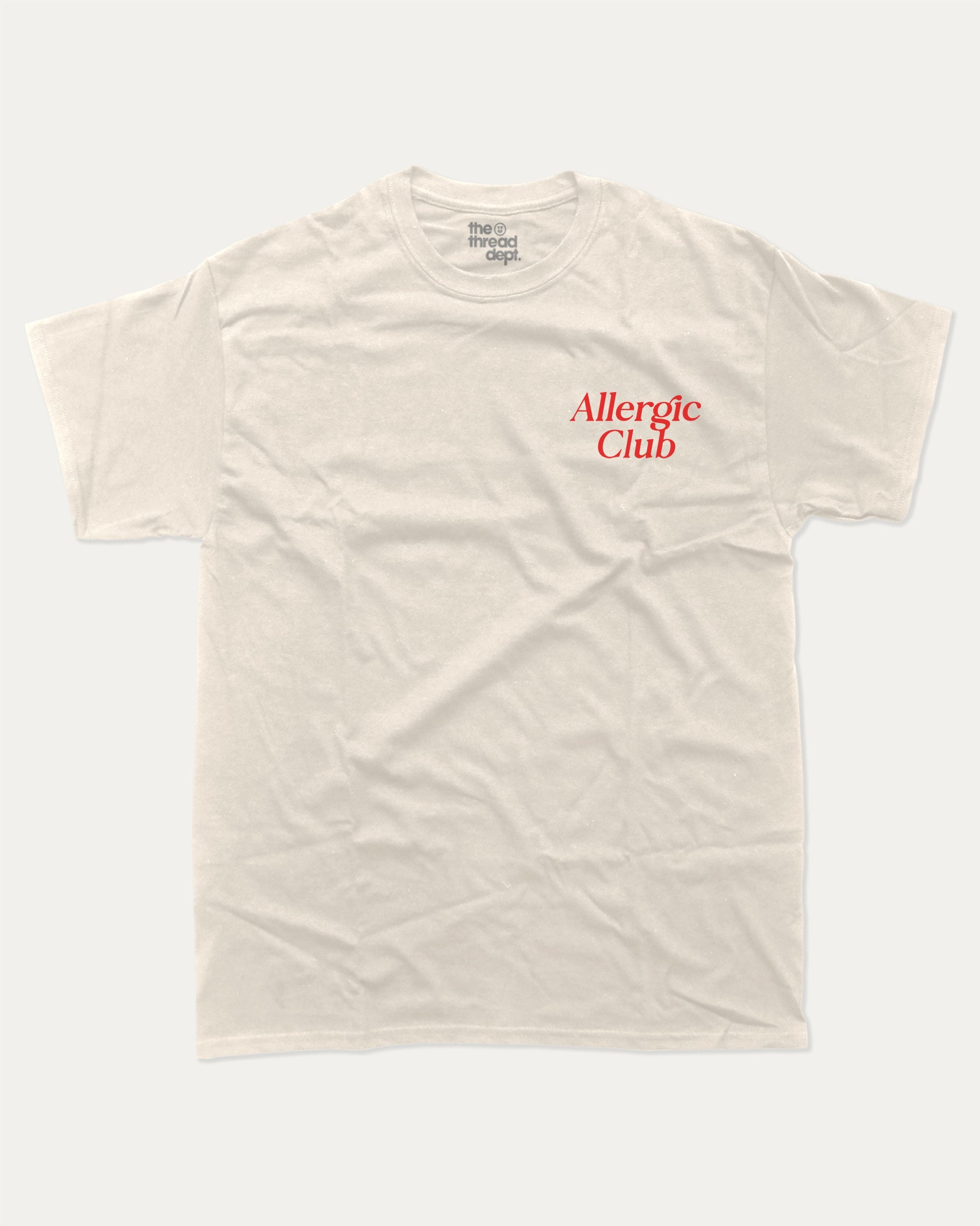 Allergic Club graphic t-shirt, perfect for adults. A Retro Graphic Tee, Retro Vibe T shirt, One tone Vintage Tee unique gift idea. Cream.