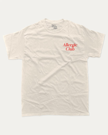 Allergic Club graphic t-shirt, perfect for adults. A Retro Graphic Tee, Retro Vibe T shirt, One tone Vintage Tee unique gift idea. Cream.