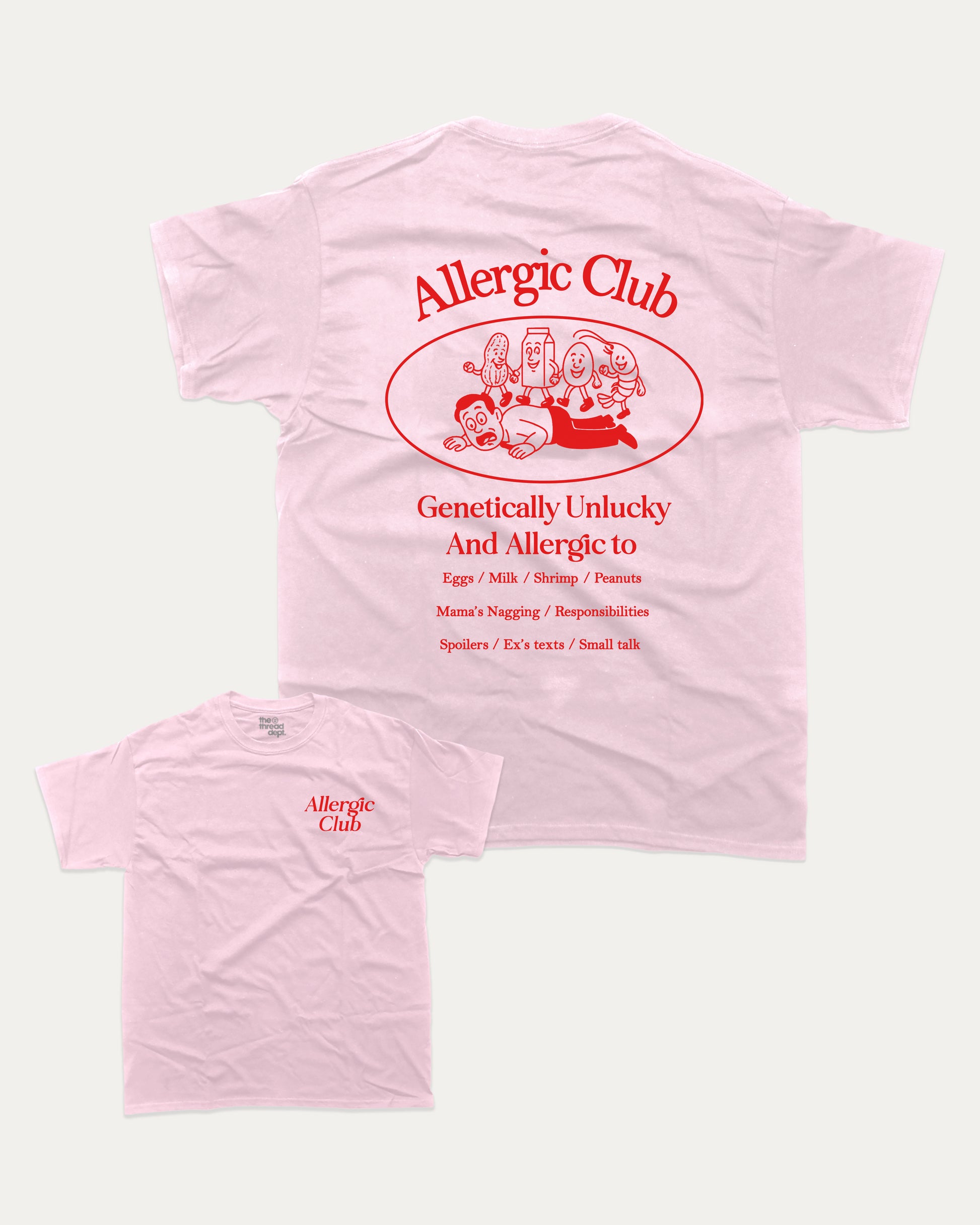 Pink t-shirt with 'Allergic Club' text and logo on a white background