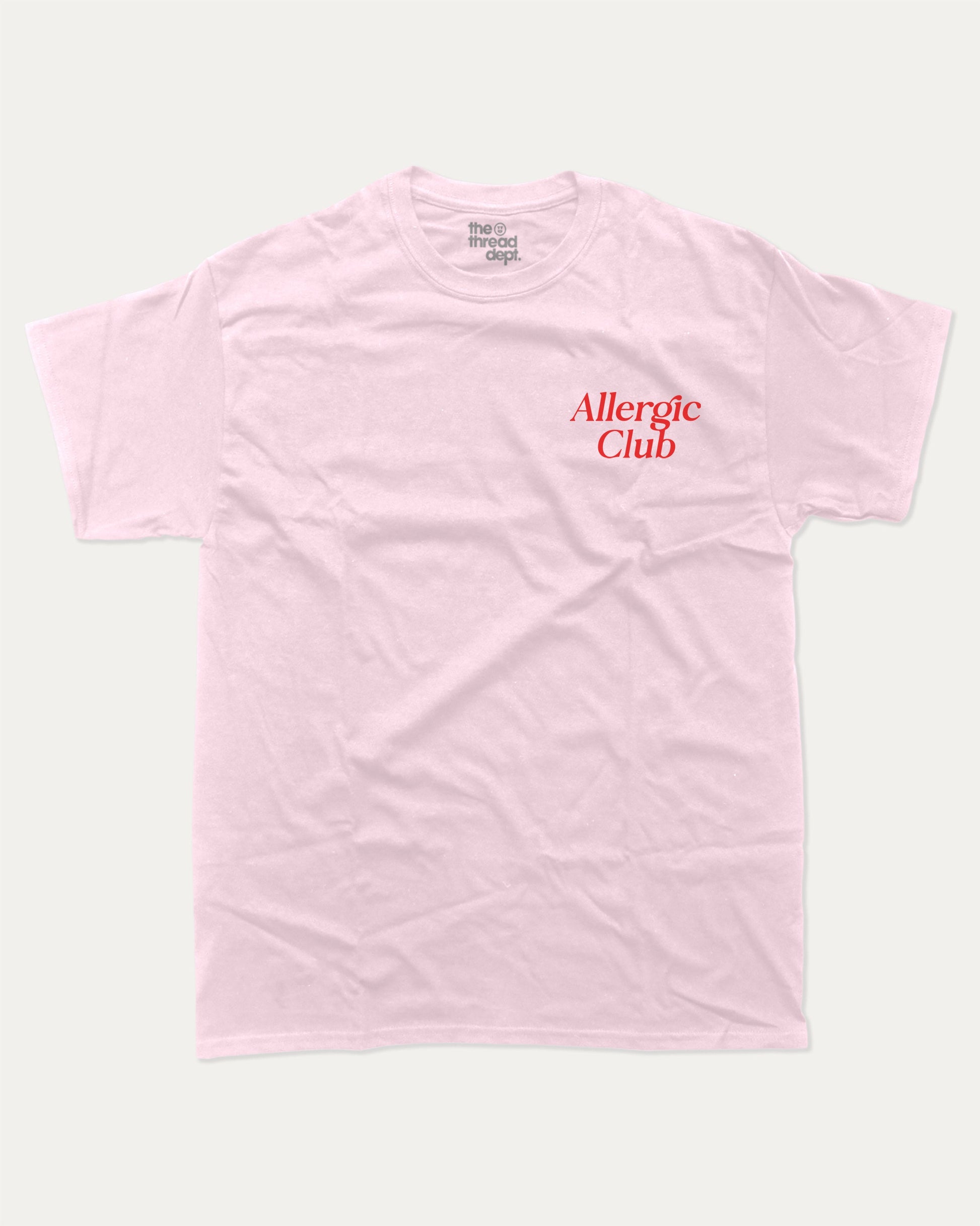 Allergic Club graphic t-shirt, perfect for adults. A Retro Graphic Tee, Retro Vibe T shirt, One tone Vintage Tee unique gift idea. Pink.