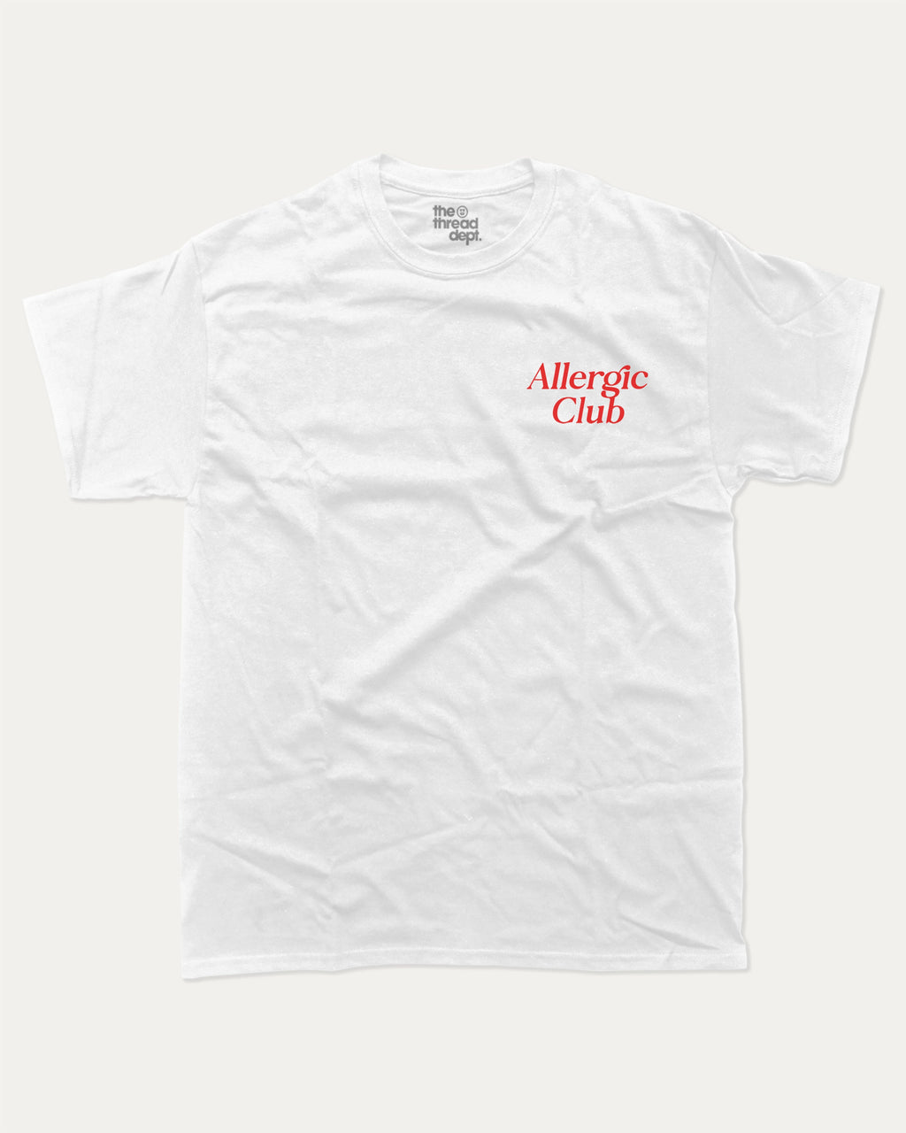 Allergic Club graphic t-shirt, perfect for adults. A Retro Graphic Tee, Retro Vibe T shirt, One tone Vintage Tee unique gift idea. White.