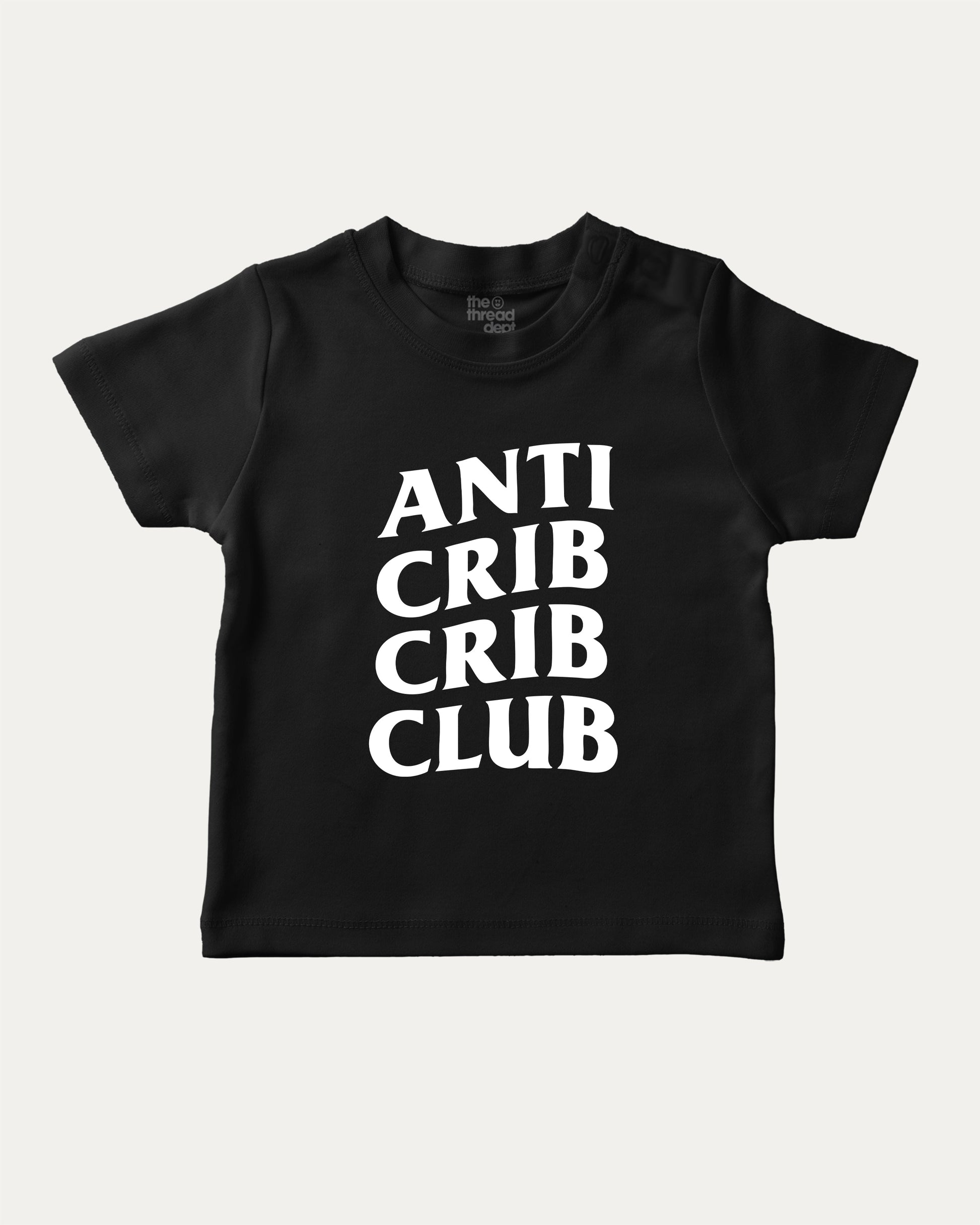 Anti Crib Crib Club graphic tee with bold and humorous print, funny crib graphic. Perfect for adults and gift-giving. Black shirt.