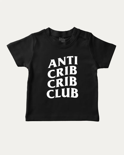 Anti Crib Crib Club graphic tee with bold and humorous print, funny crib graphic. Perfect for adults and gift-giving. Black shirt.