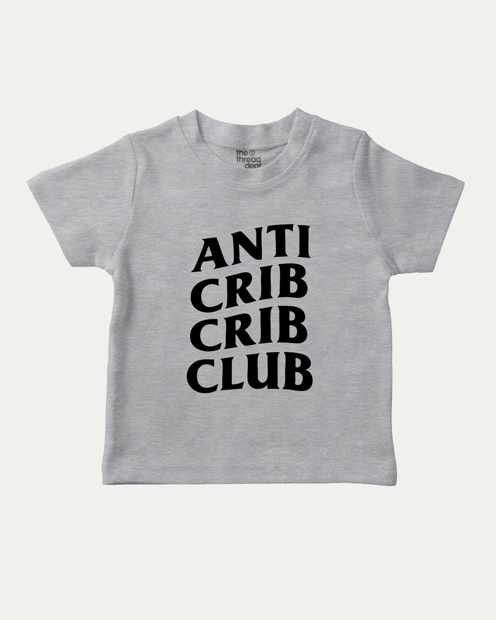 Anti Crib Crib Club graphic tee with bold and humorous print, funny crib graphic. Perfect for adults and gift-giving. Heather Grey shirt.
