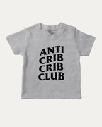 Anti Crib Crib Club graphic tee with bold and humorous print, funny crib graphic. Perfect for adults and gift-giving. Heather Grey shirt.