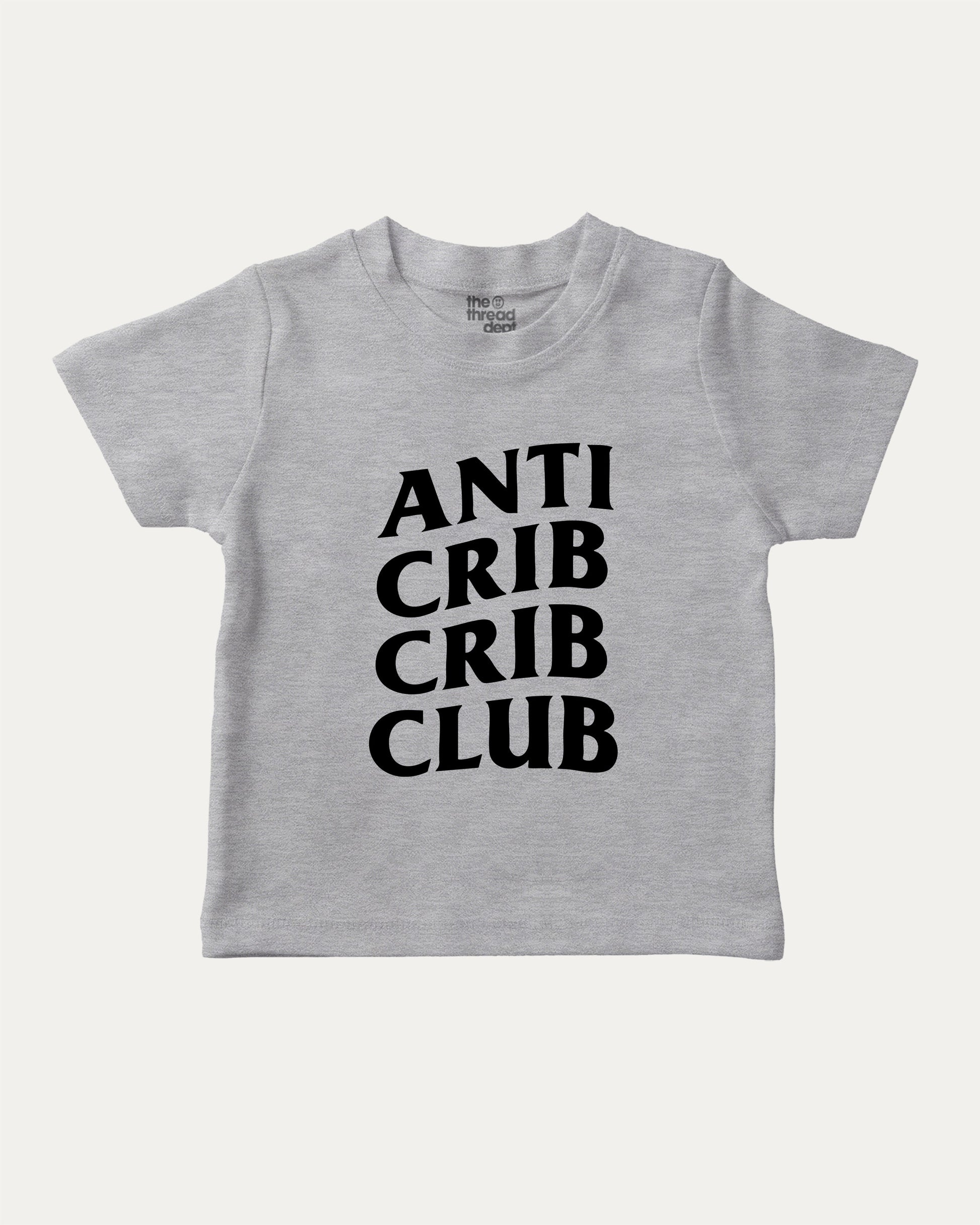 Anti Crib Crib Club graphic tee with bold and humorous print, funny crib graphic. Perfect for adults and gift-giving. Heather Grey shirt.