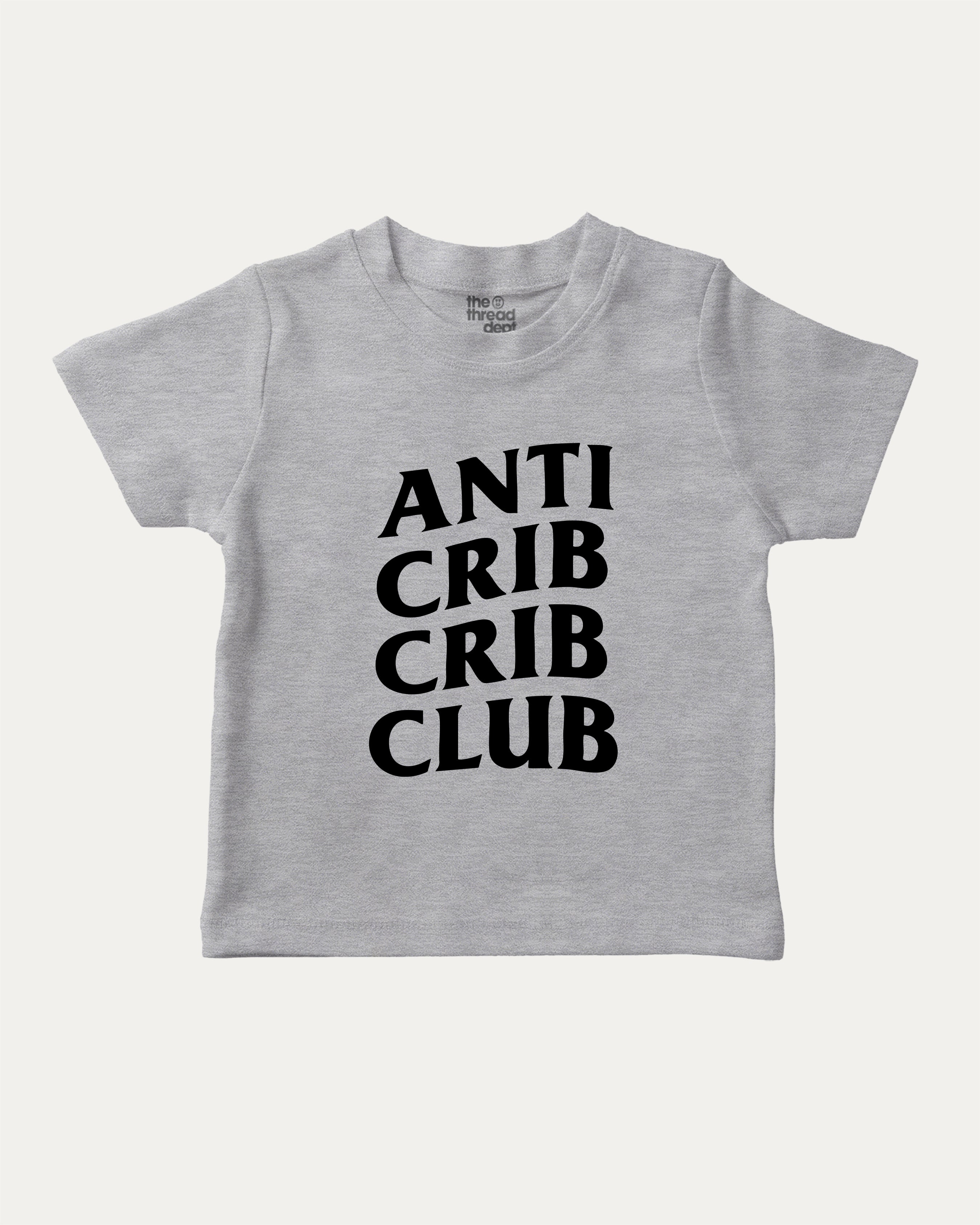 Anti Crib Crib Club graphic tee with bold and humorous print, funny crib graphic. Perfect for adults and gift-giving. Heather Grey shirt.