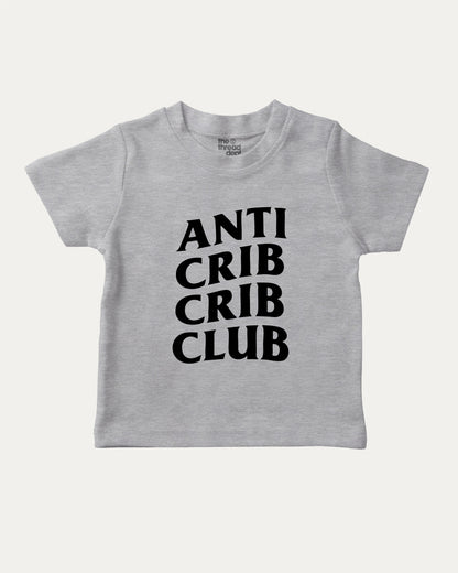 Anti Crib Crib Club graphic tee with bold and humorous print, funny crib graphic. Perfect for adults and gift-giving. Heather Grey shirt.
