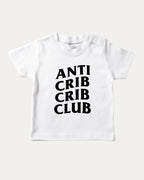 Anti Crib Crib Club graphic tee with bold and humorous print, funny crib graphic. Perfect for adults and gift-giving. White shirt.