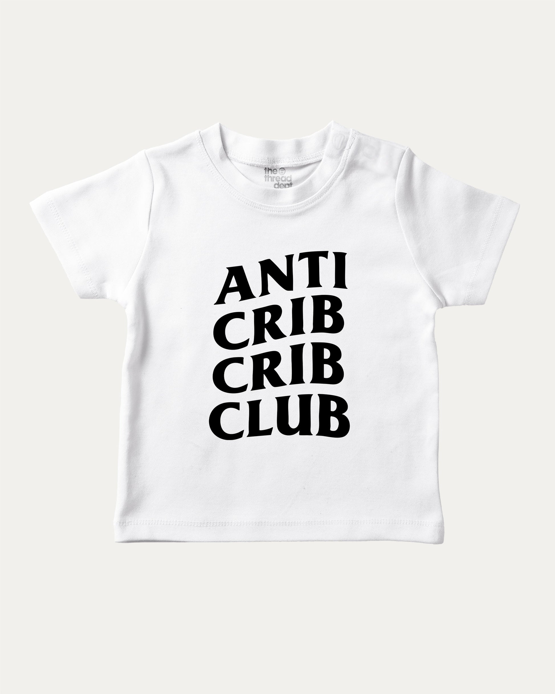 Anti Crib Crib Club graphic tee with bold and humorous print, funny crib graphic. Perfect for adults and gift-giving. White shirt.