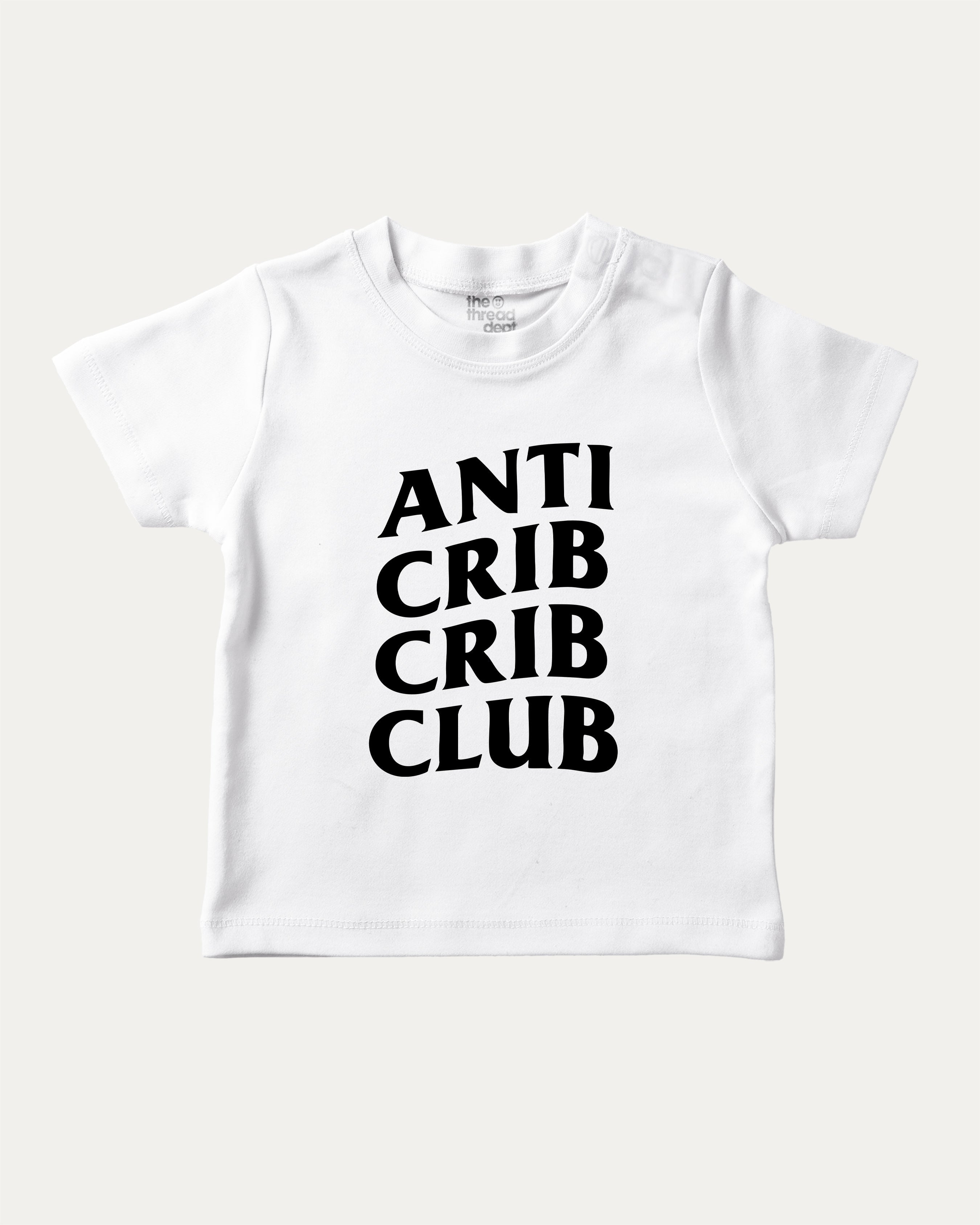 Anti Crib Crib Club graphic tee with bold and humorous print, funny crib graphic. Perfect for adults and gift-giving. White shirt.