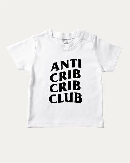 Anti Crib Crib Club graphic tee with bold and humorous print, funny crib graphic. Perfect for adults and gift-giving. White shirt.