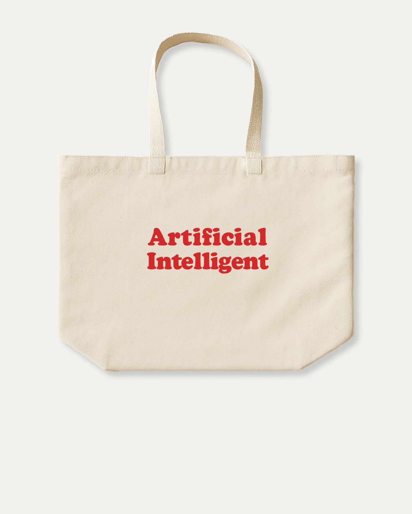 Beige tote bag with 'Artificial Intelligent' text in red on a white background