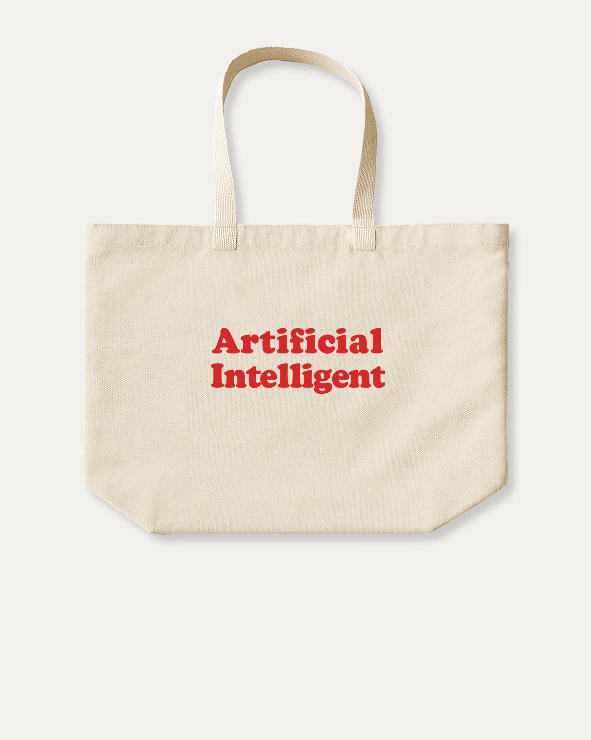 Beige tote bag with 'Artificial Intelligent' text in red on a white background