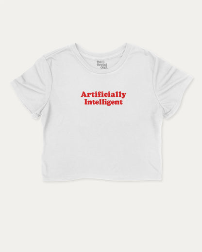 Artificially Intelligent cute and trendy crop tee with nostalgic graphic, perfect for women. AI graphic t-shirt, ideal for daily outfits and casual days. White crop tee