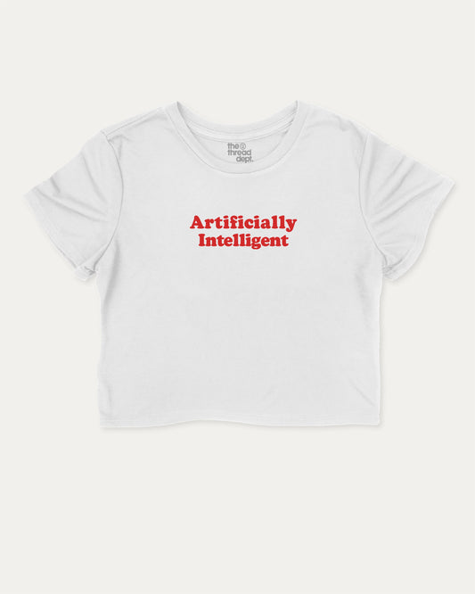 Artificially Intelligent cute and trendy crop tee with nostalgic graphic, perfect for women. AI graphic t-shirt, ideal for daily outfits and casual days. White crop tee