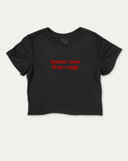 Better Late Than Ugly cute and trendy crop tee with nostalgic graphic, perfect for women. A must-have cropped aesthetic shirt, ideal for daily outfits and casual days. Black crop tee