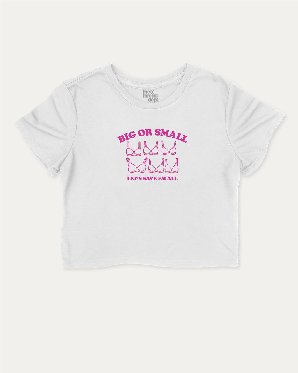 Big Or Small graphic crop tee with breast cancer awareness print, perfect for women_ casual looks or layering. White crop t-shirt.