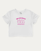 Big Or Small graphic crop tee with breast cancer awareness print, perfect for women_ casual looks or layering. White crop t-shirt.