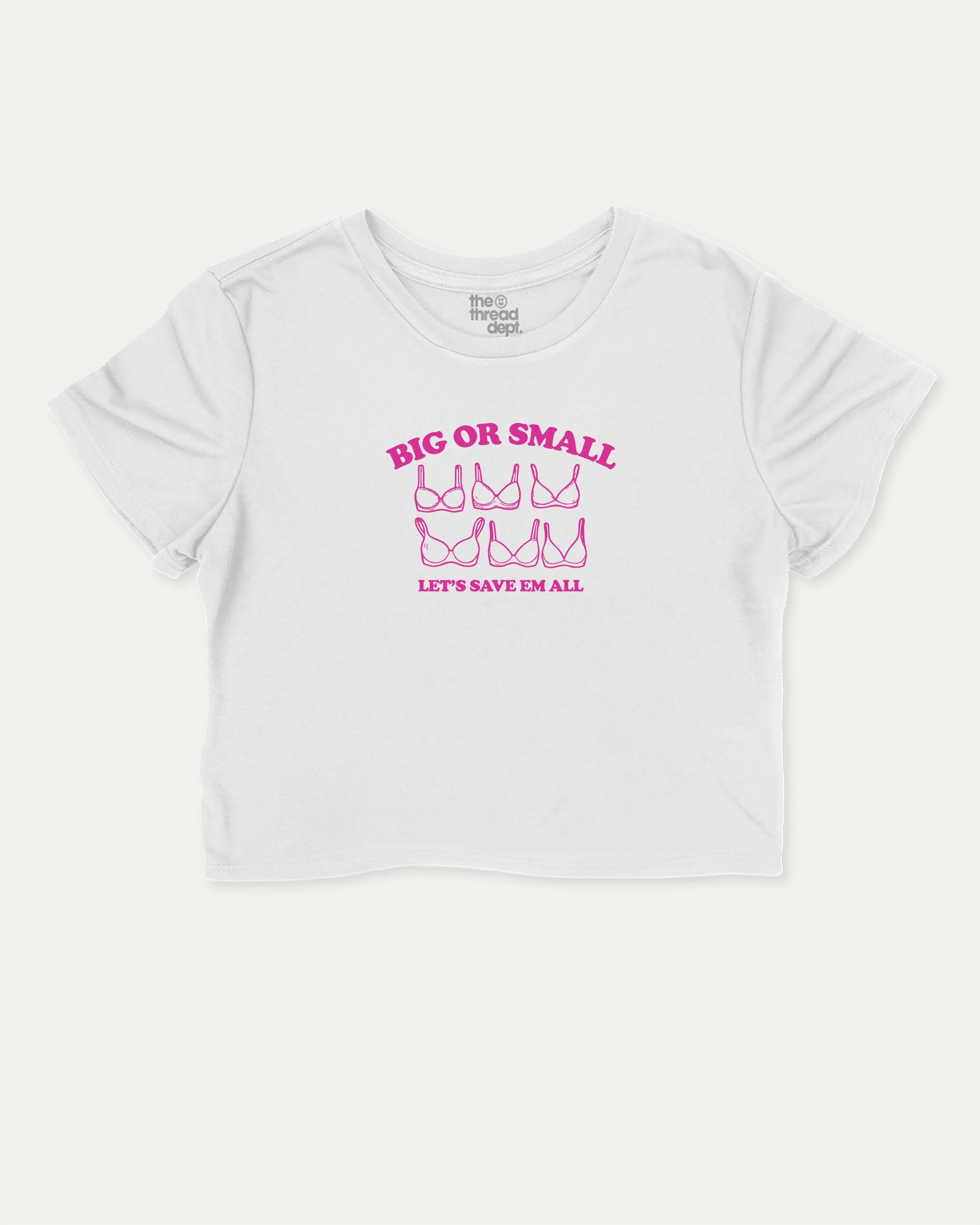 Big Or Small graphic crop tee with breast cancer awareness print, perfect for women_ casual looks or layering. White crop t-shirt.