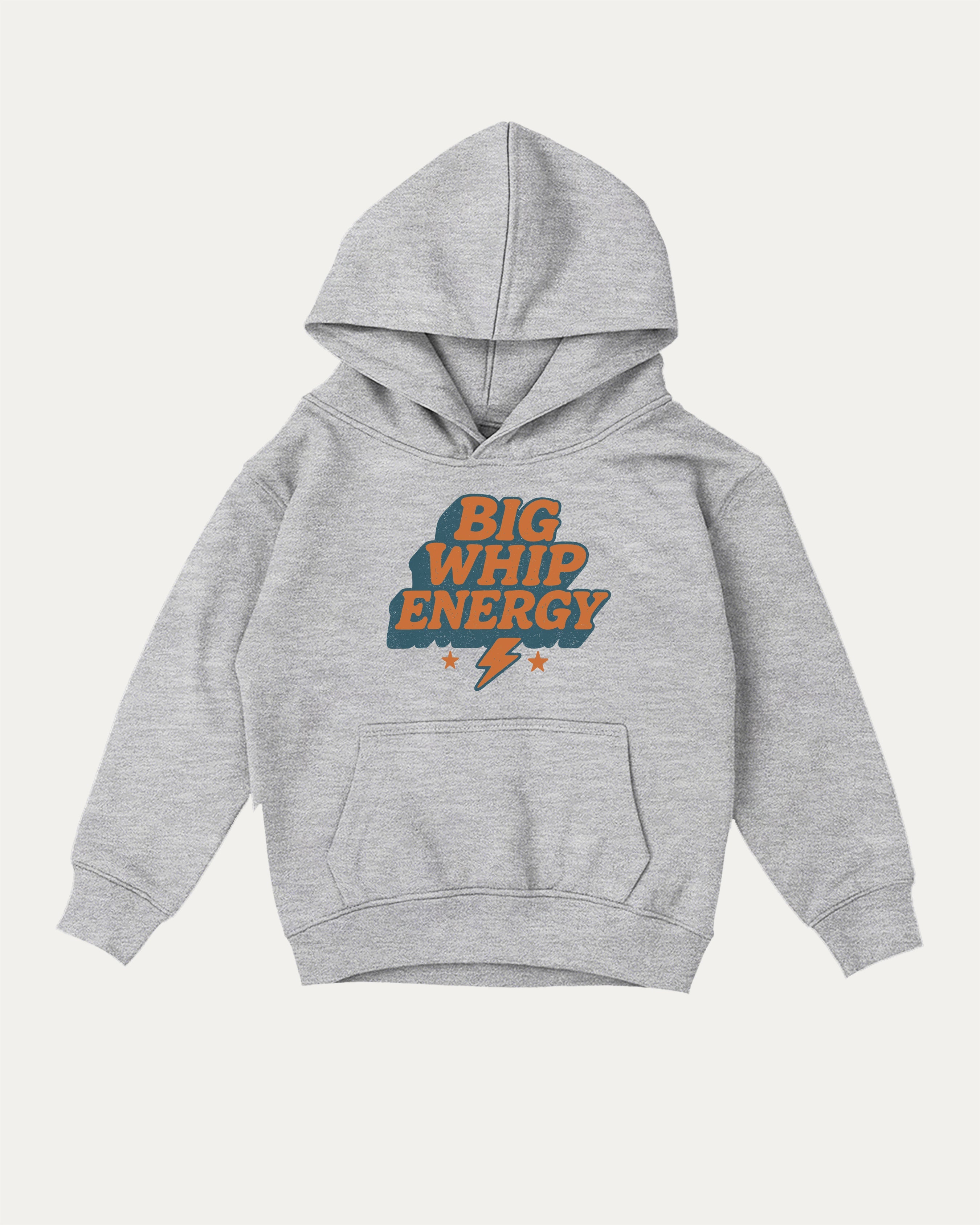 Big Whip Energy kids graphic hoodie with cozy fit and fun design, perfect for school, play, and gifting. Heather Grey kids sweater.