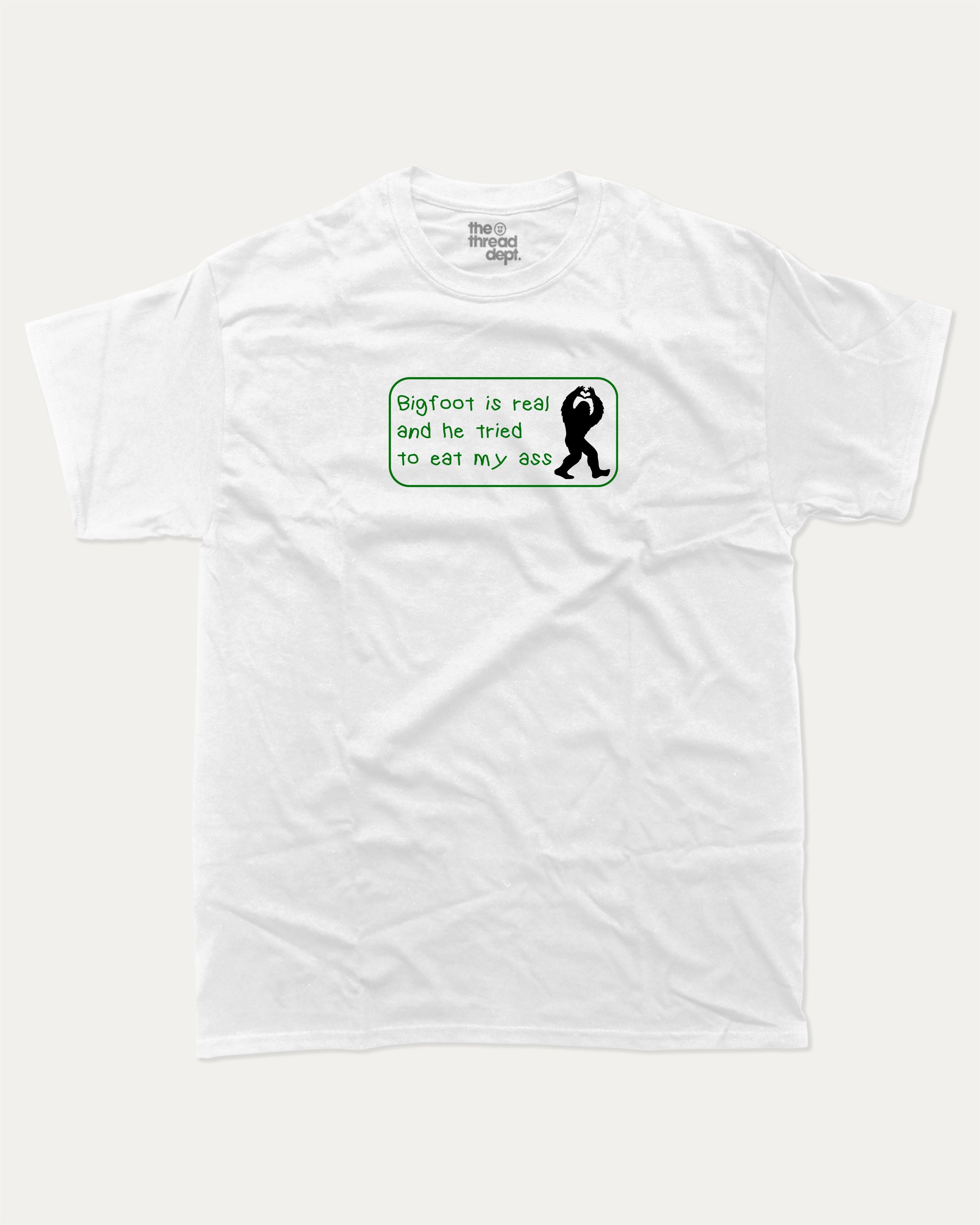 Bigfoot Is Real graphic tee with bold and humorous print, funny and trendy  graphic. Bigfoot Graphic T shirt, Mythical Graphic Tee,  Perfect for adults and gift-giving. White shirt.