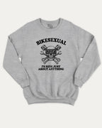 BIKESEXUAL graphic sweatshirt with bold and humorous print, Funny Bike Graphic T shirt, Gift for Bike Lover, Motorcycle, Motor Bike Graphic T shirt, warm and cozy graphic for everyday wear. Perfect for adults and gift-giving. Heather Grey pullover.