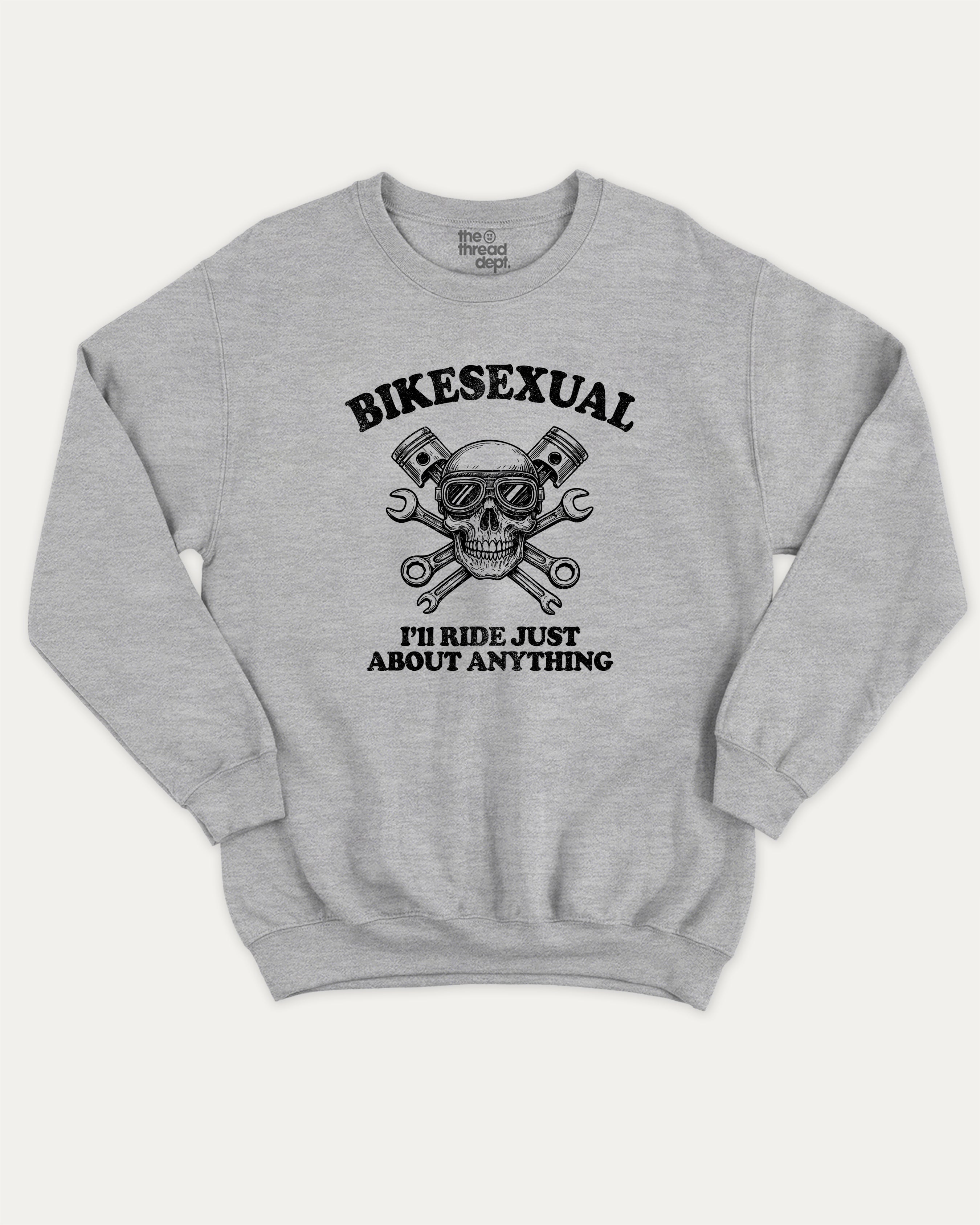 BIKESEXUAL graphic sweatshirt with bold and humorous print, Funny Bike Graphic T shirt, Gift for Bike Lover, Motorcycle, Motor Bike Graphic T shirt, warm and cozy graphic for everyday wear. Perfect for adults and gift-giving. Heather Grey pullover.