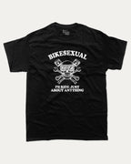 BIKESEXUAL graphic tee with bold and humorous print, Funny Bike Graphic T shirt, Gift for Bike Lover, Motorcycle, Motor Bike Graphic T shirt, funny and trendy graphic. Perfect for adults and gift-giving. Black shirt.