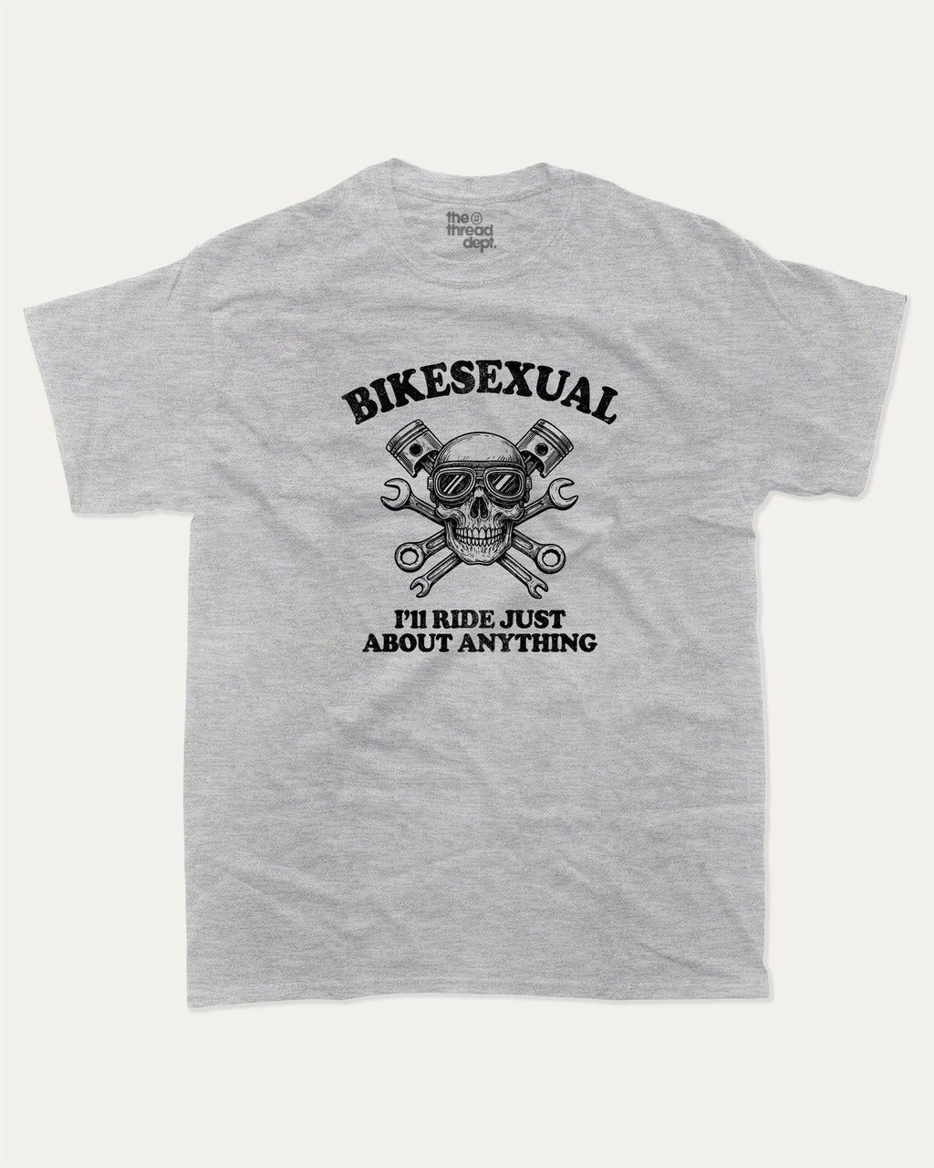 BIKESEXUAL graphic tee with bold and humorous print, Funny Bike Graphic T shirt, Gift for Bike Lover, Motorcycle, Motor Bike Graphic T shirt, funny and trendy graphic. Perfect for adults and gift-giving. Heather Grey shirt.