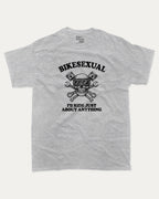 BIKESEXUAL graphic tee with bold and humorous print, Funny Bike Graphic T shirt, Gift for Bike Lover, Motorcycle, Motor Bike Graphic T shirt, funny and trendy graphic. Perfect for adults and gift-giving. Heather Grey shirt.