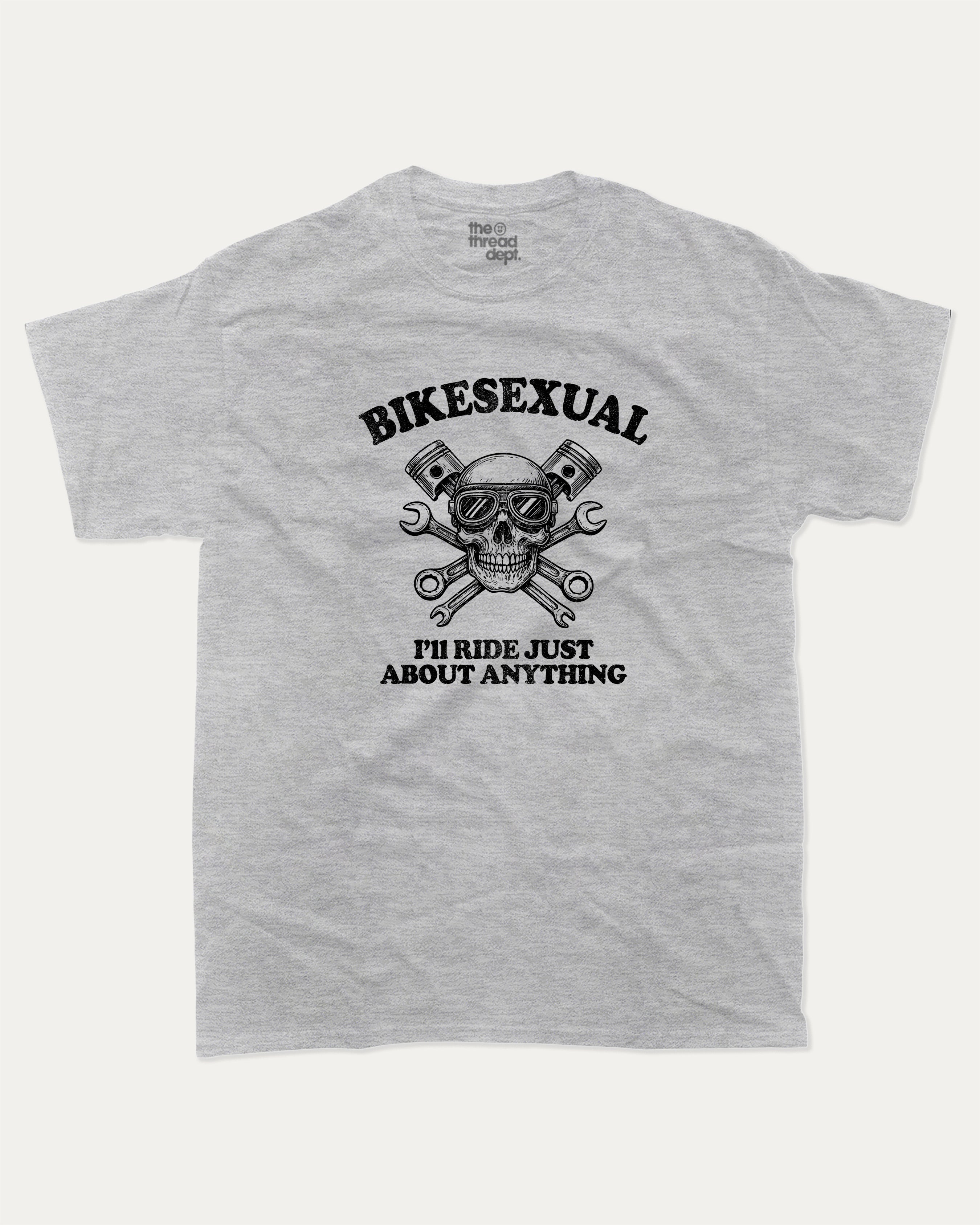 BIKESEXUAL graphic tee with bold and humorous print, Funny Bike Graphic T shirt, Gift for Bike Lover, Motorcycle, Motor Bike Graphic T shirt, funny and trendy graphic. Perfect for adults and gift-giving. Heather Grey shirt.