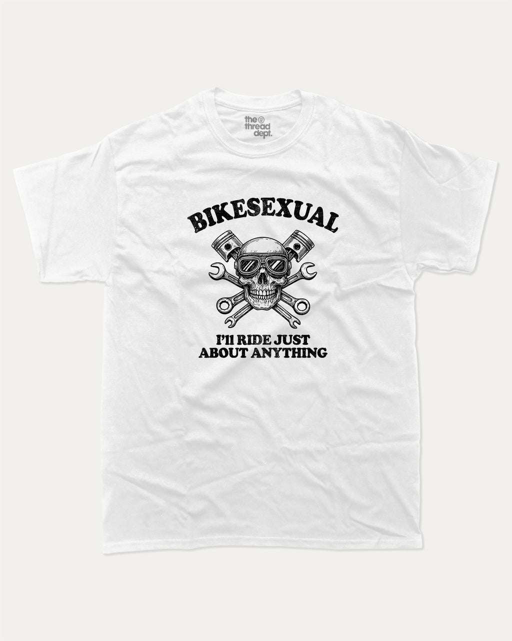 BIKESEXUAL graphic tee with bold and humorous print, Funny Bike Graphic T shirt, Gift for Bike Lover, Motorcycle, Motor Bike Graphic T shirt, funny and trendy graphic. Perfect for adults and gift-giving. White shirt.